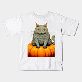 Japanese Cat on a Halloween Pumpkin During the Halloween Season on a light (knocked out) background Kids T-Shirt